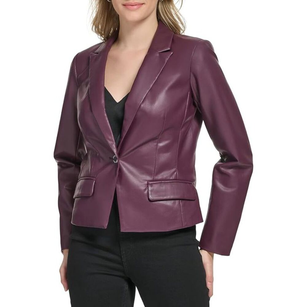 Calvin Klein Womens Ticket Pocket Faux-Leather Jacket, NWT